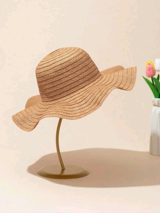 Khaki Raffia Woven Wide Brim Foldable Sun Hat with Bow main image 6